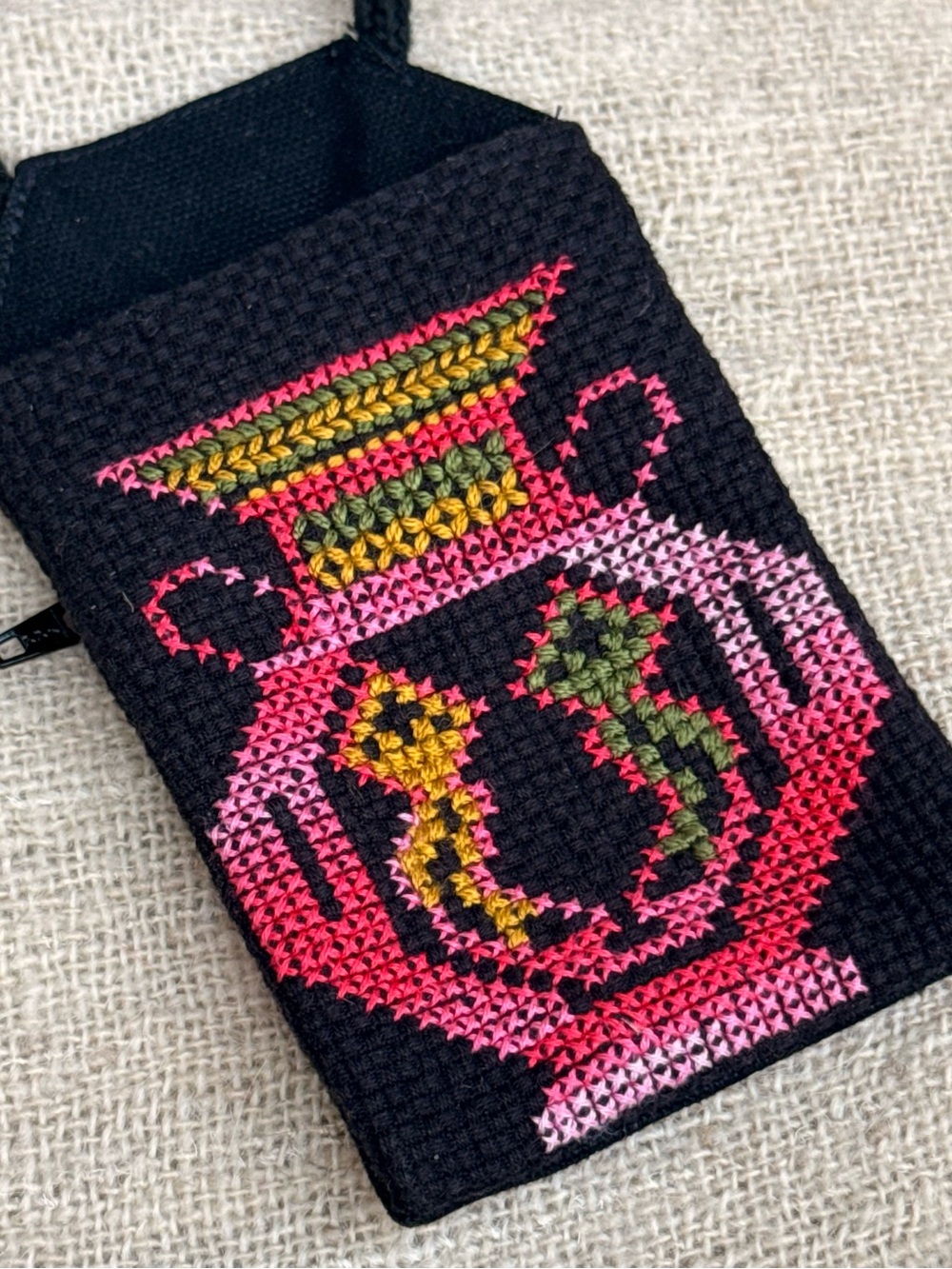Vintage Cross-Stitch Pouch with Pink and Green Vase Motif
